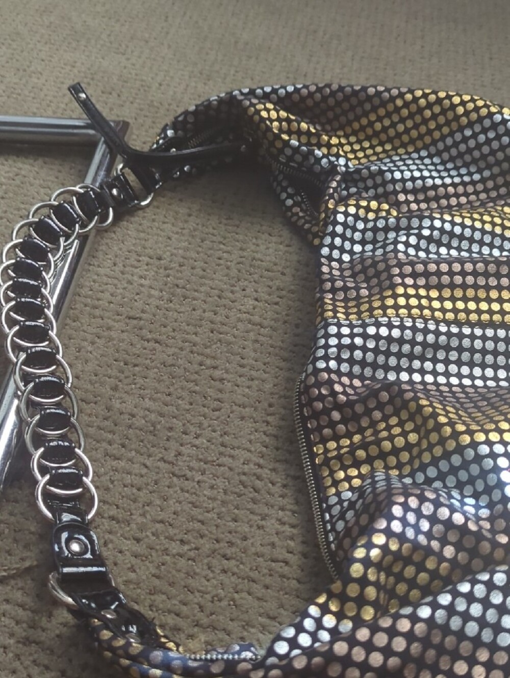 Metallic Dot-Pattern Shoulder Bag in Black and Gold - Picture 2 of 5